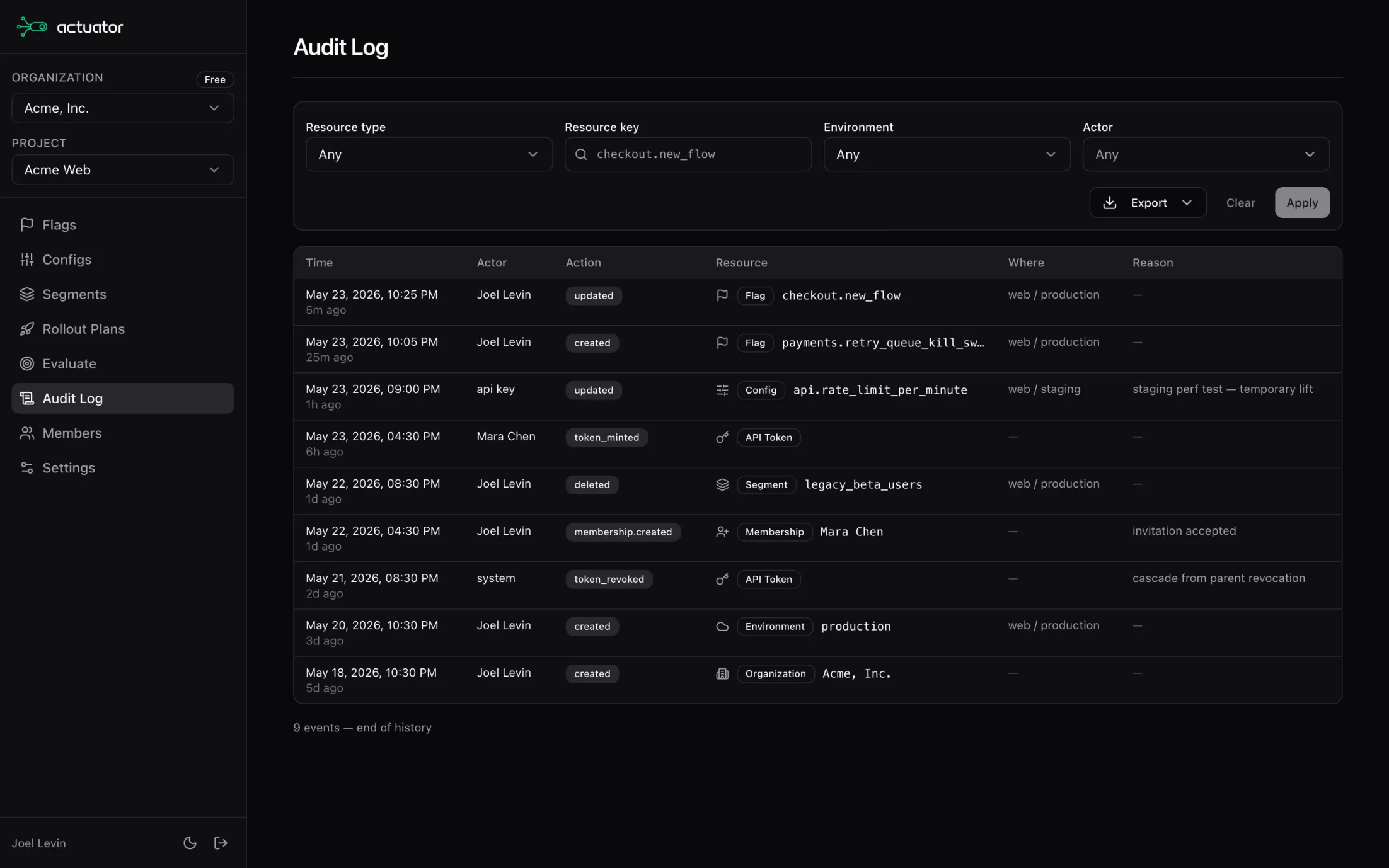 The structured audit log in the Actuator dashboard, showing timestamps, actors, and resources for every change.