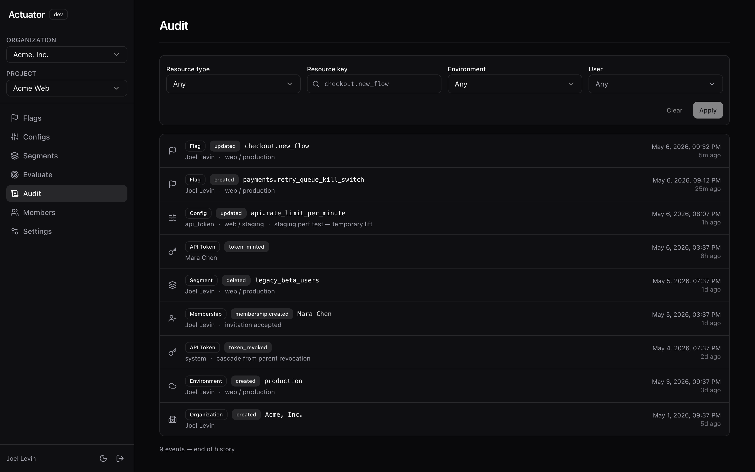 The structured audit log in the Actuator dashboard, showing timestamps, actors, and resources for every change.