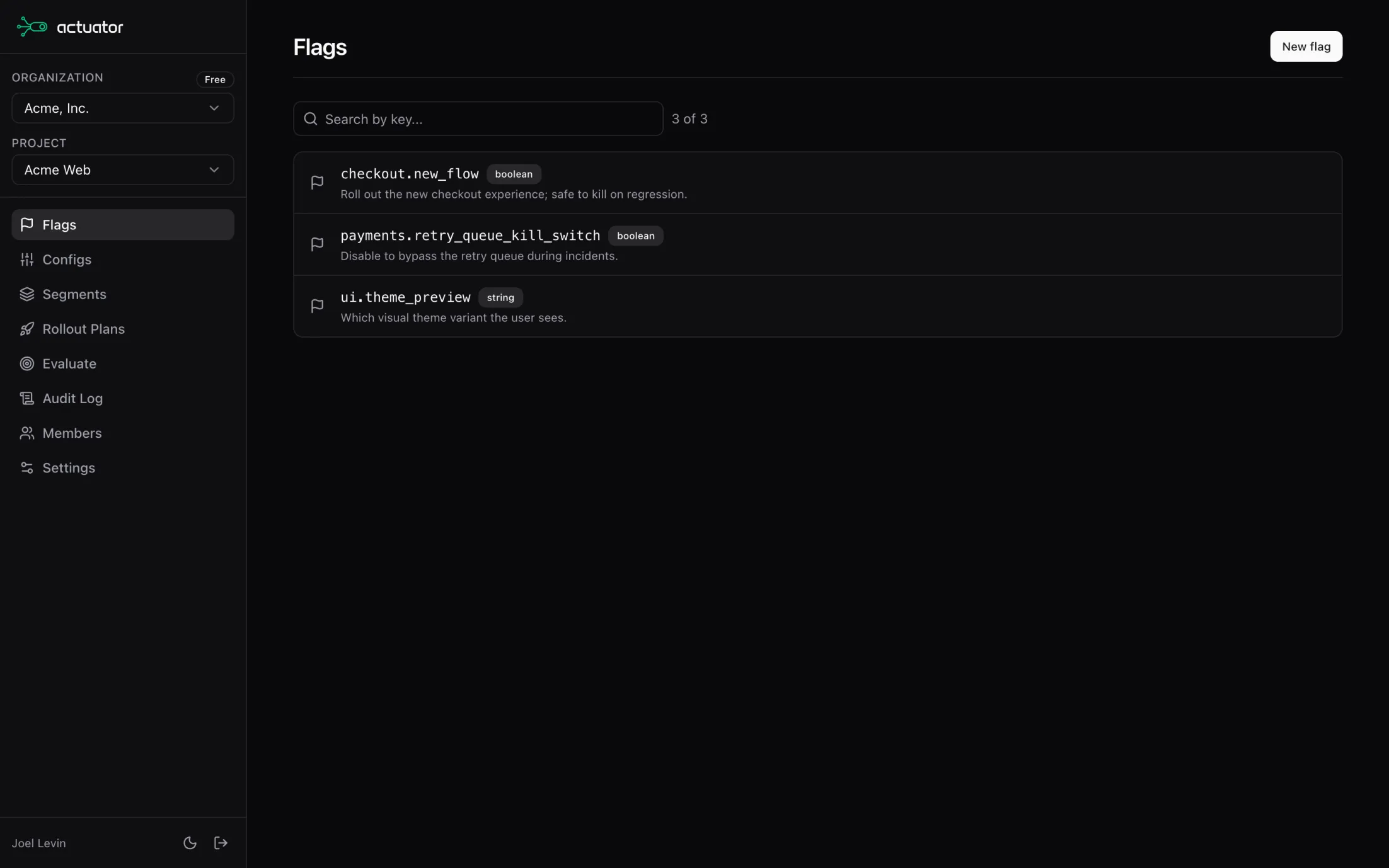 Actuator dashboard showing a list of feature flags with names, types, parities, defaults, and rule counts.