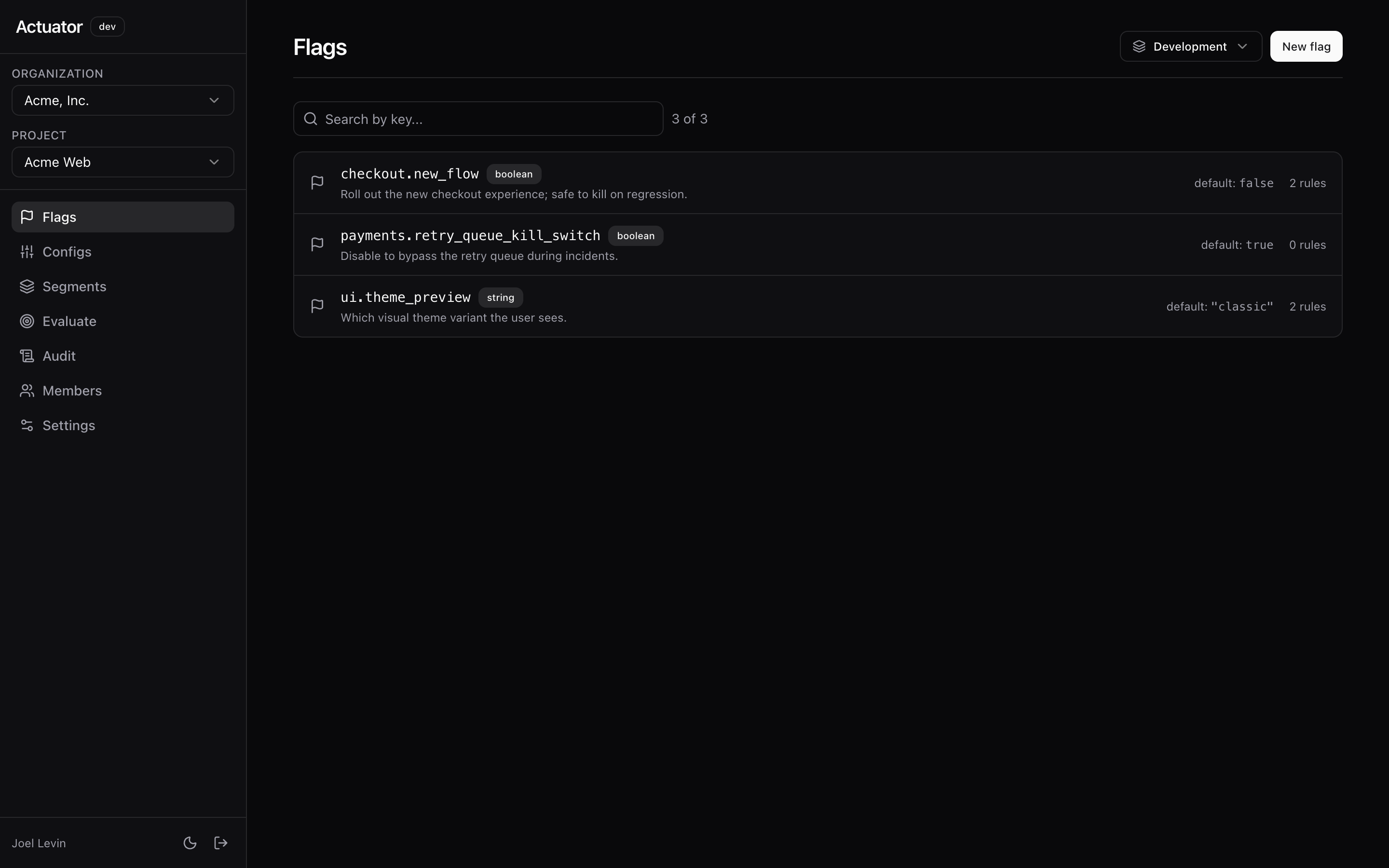 Actuator dashboard showing a list of feature flags with names, types, parities, defaults, and rule counts.
