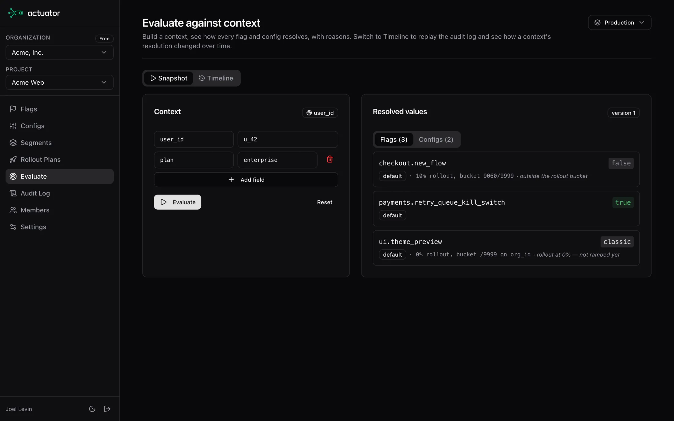 The Evaluate page in the Actuator dashboard, showing how every flag and config resolves for a given context with reasons.
