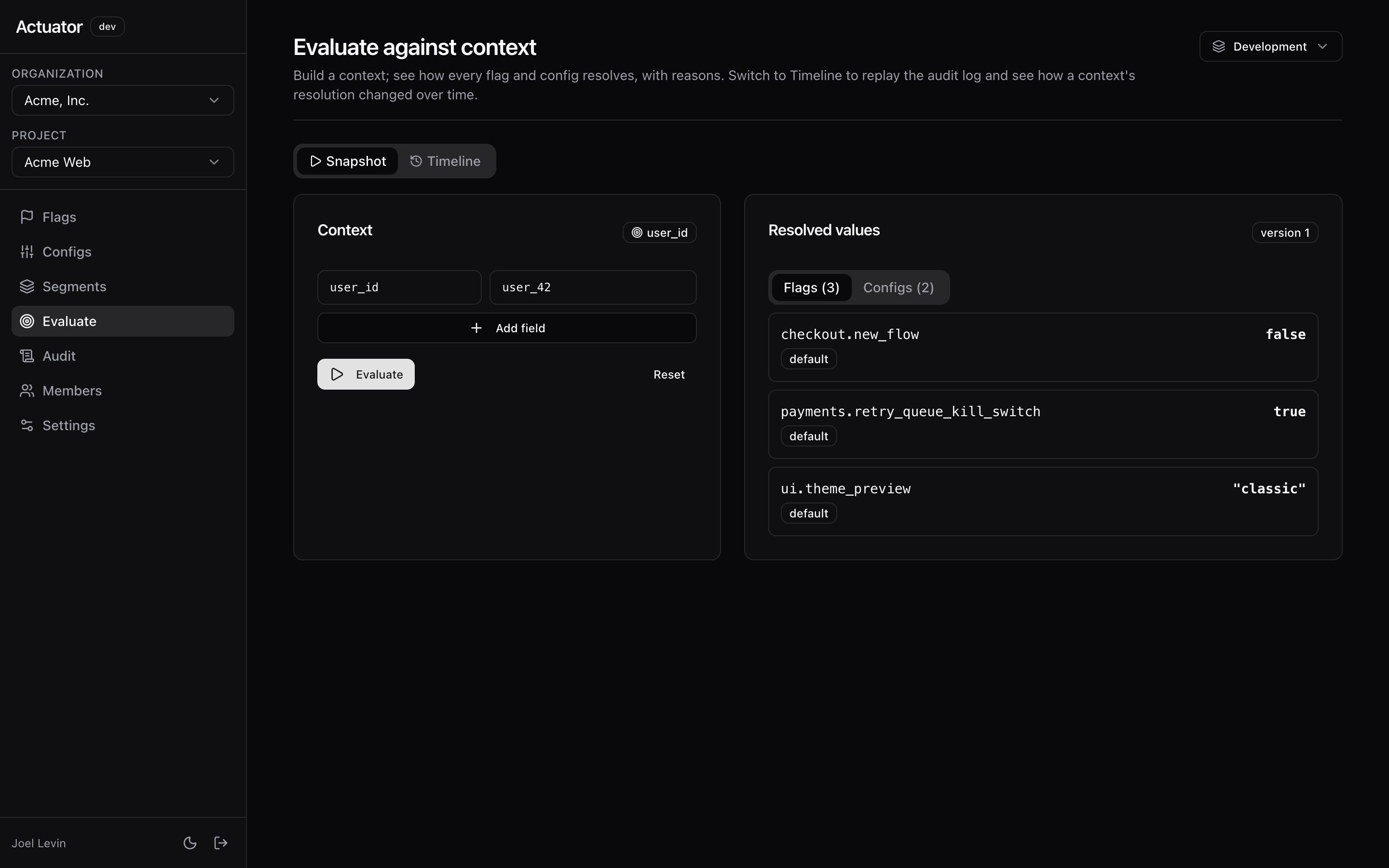 The Evaluate page in the Actuator dashboard, showing how every flag and config resolves for a given context with reasons.